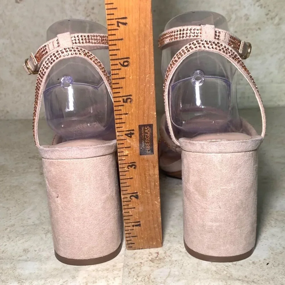 Strappy‎ Nude Rhinestone Sandals With Block Heels Prom Wedding Party - Picture 4 of 9